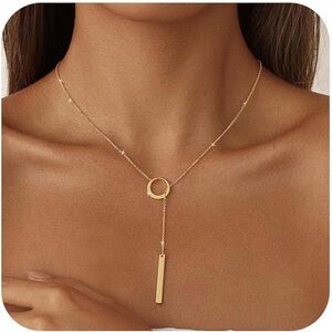 Elegant Gold Lariat Necklace with Circle and Bar Pendant
